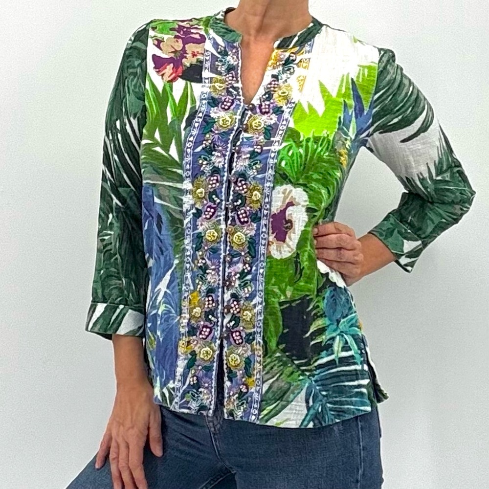 Soft Surroundings Shangri La Boho  Embroidered Beaded Tropical Print Tunic Top